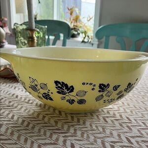 Vintage PYREX Yellow Mixing Bowl with Black Leaf Pattern